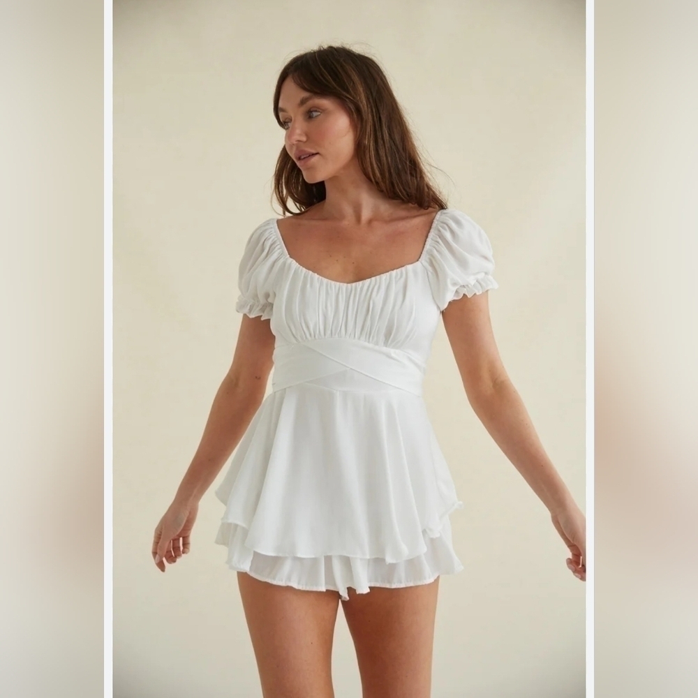 LYANER Women's Tie Back Off Shoulder Wrap Layer Ruffle Short Sleeve Mini Dress